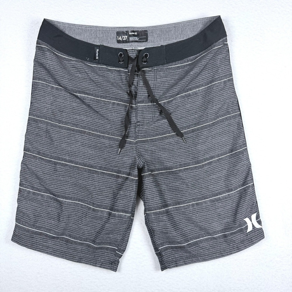 Hurley Boys Board Shorts Gray Black Striped Swim Trunks Size 14/27 Drawstring